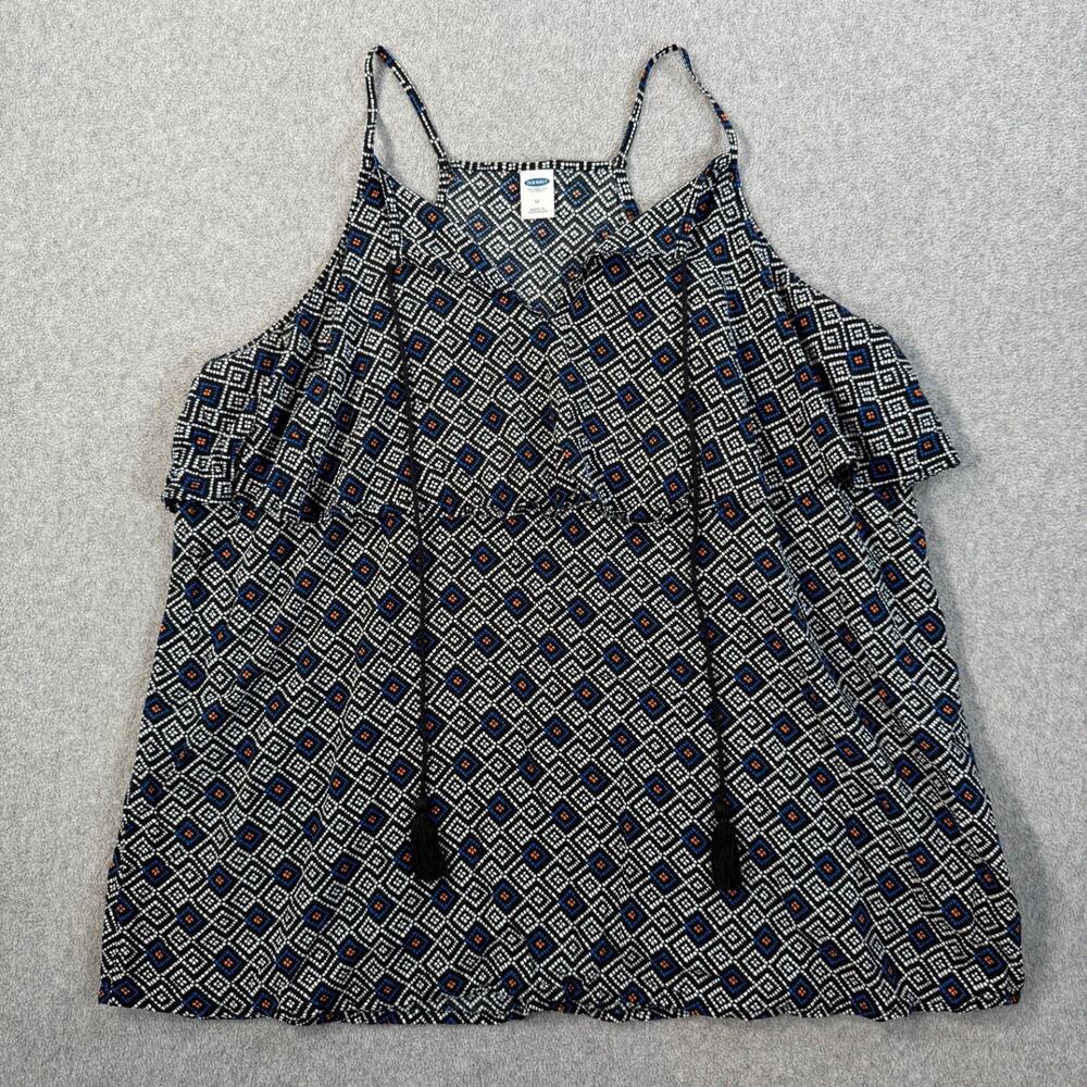 Old Navy Women's Medium Black White Geometric Cami Tank Top Blouse Ruffle Tassel